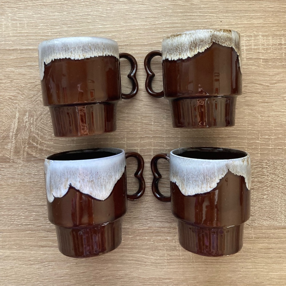 Set of 4 Brown Drip Glazed Mugs - MCM Made in Japan Mugs - Picture 7 of 8
